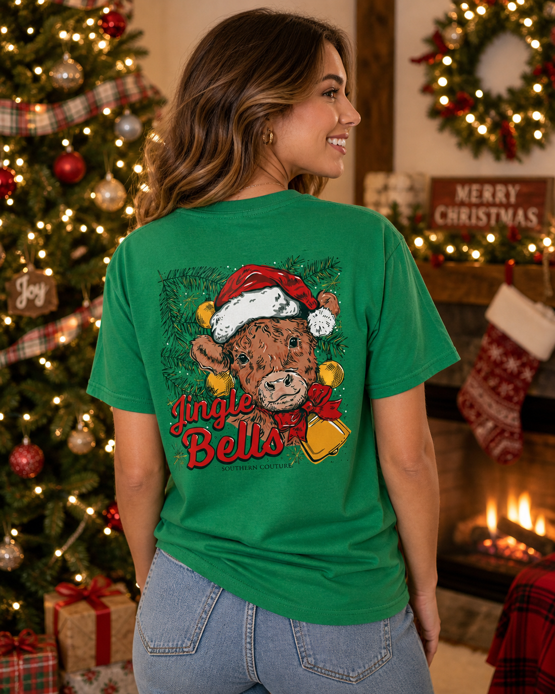 Southern Couture Classic Jingle Bells Cow Holiday T-Shirt
