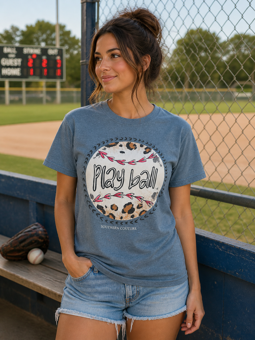 Southern Couture Soft Leopard Play Ball Baseball T-Shirt