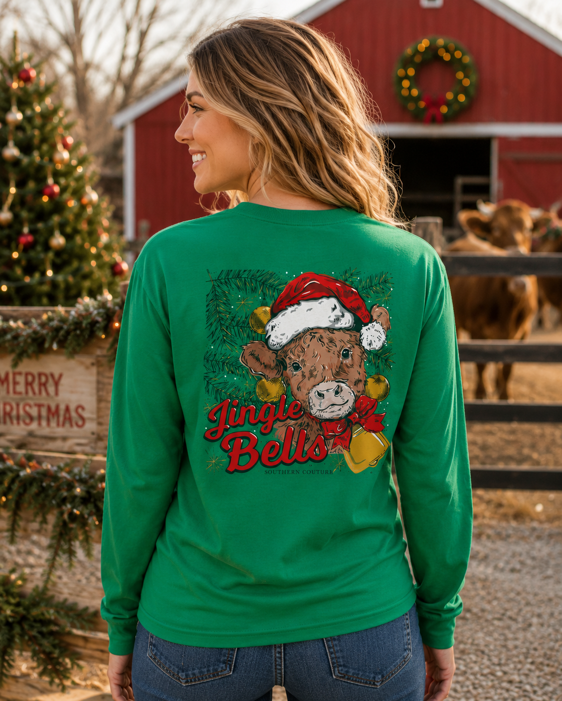 Southern Couture Classic Jingle Bells Cow Holiday Long Sleeve T-Shirt