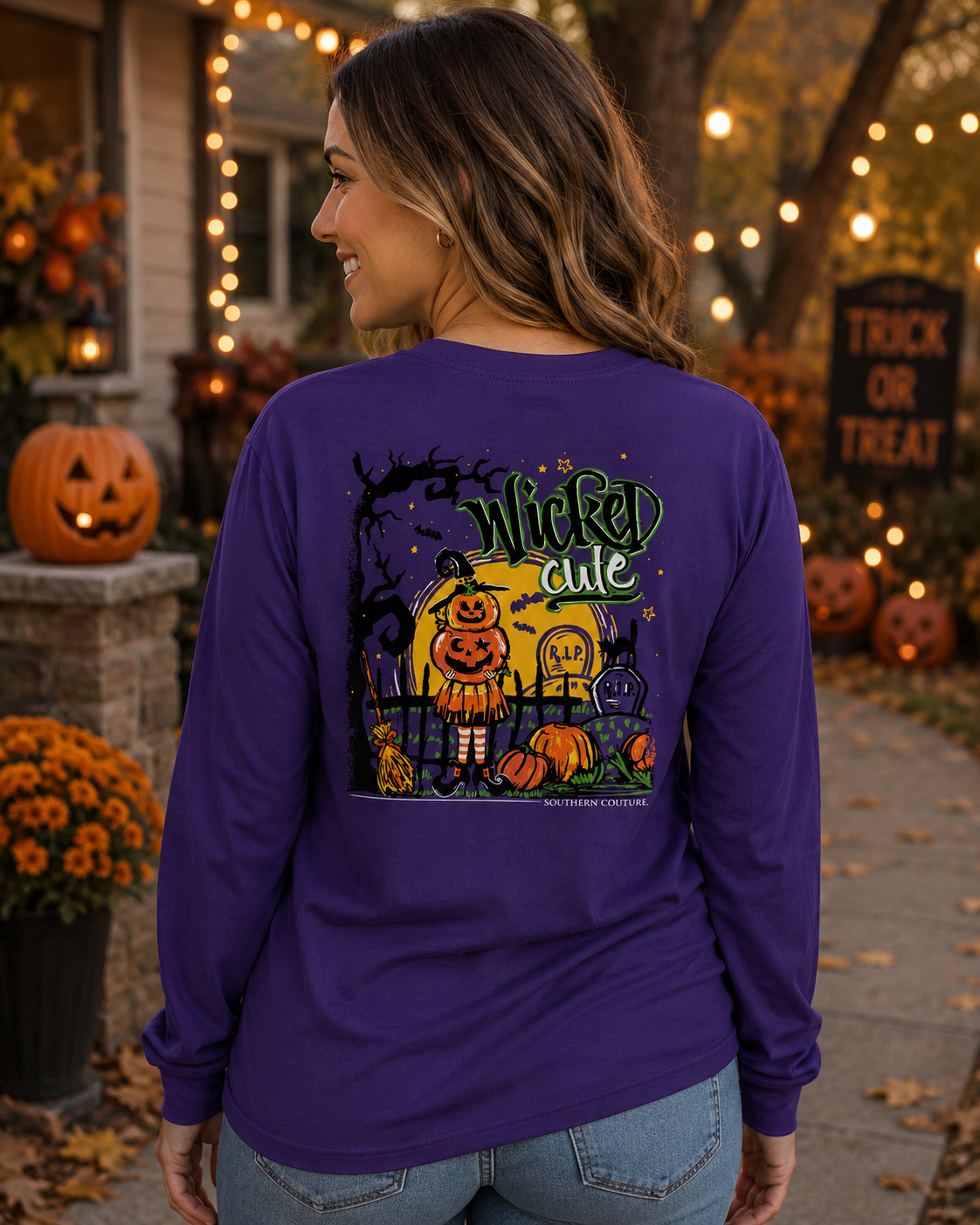 Southern Couture Classic Wicked Cute Pumpkin Fall Long Sleeve T-Shirt