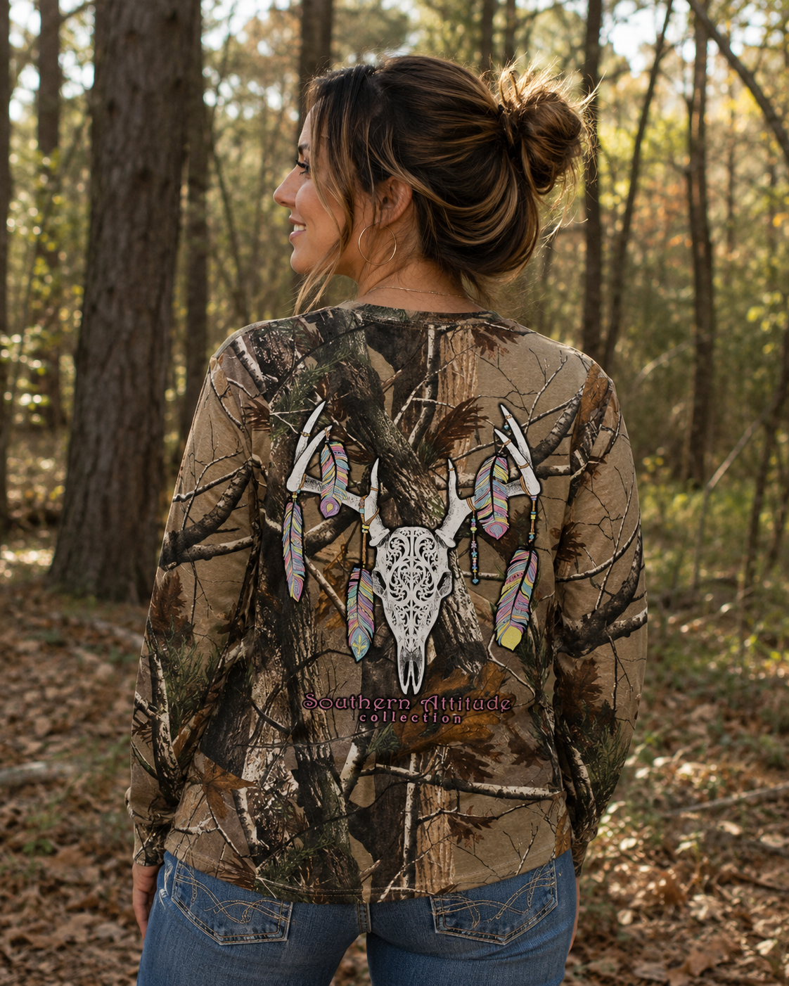 Sale Country Life Southern Attitude Bone Realtree Camo Camouflage Deer Skull Feathers Long Sleeve  T-Shirt