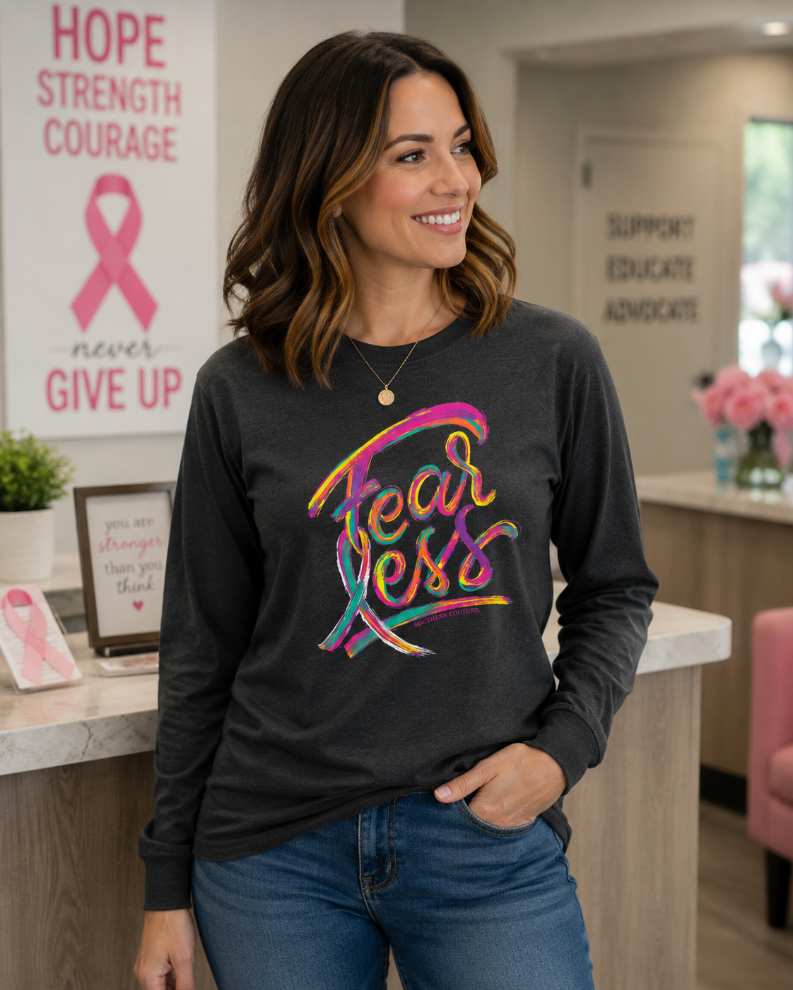 Southern Couture Soft Fearless Ribbon Cancer Long Sleeve T-Shirt