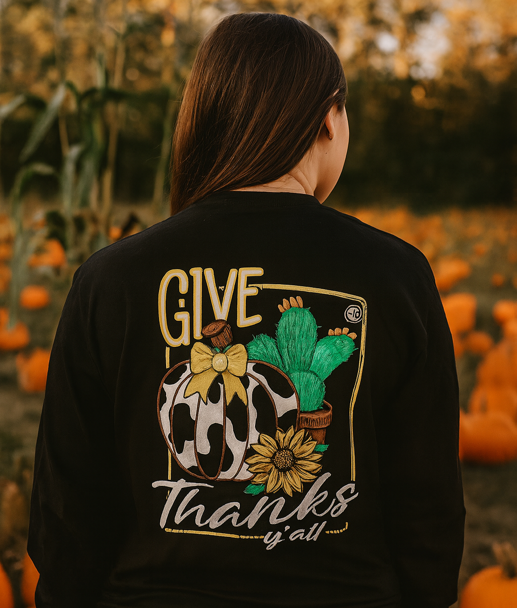 Girlie Girl Originals Give Thanks Fall Cow Pumpkin  Long Sleeves T Shirt