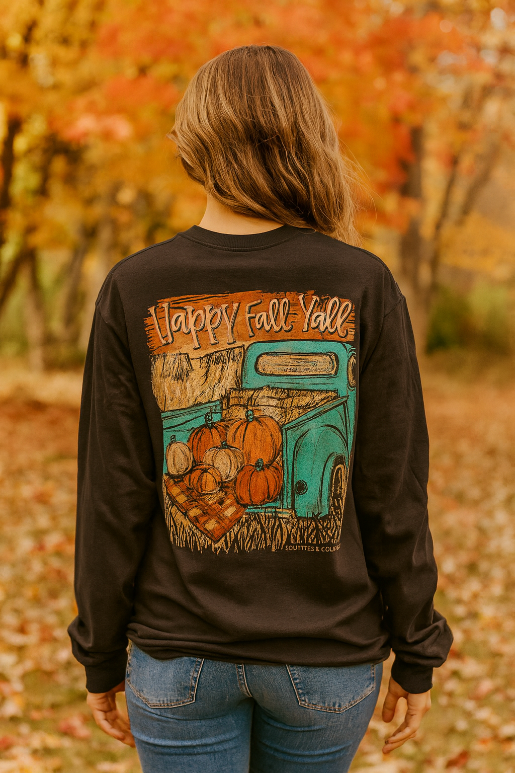 Southern Couture Classic Happy Fall Y'all Truck Long Sleeve T-Shirt - SimplyCuteTees