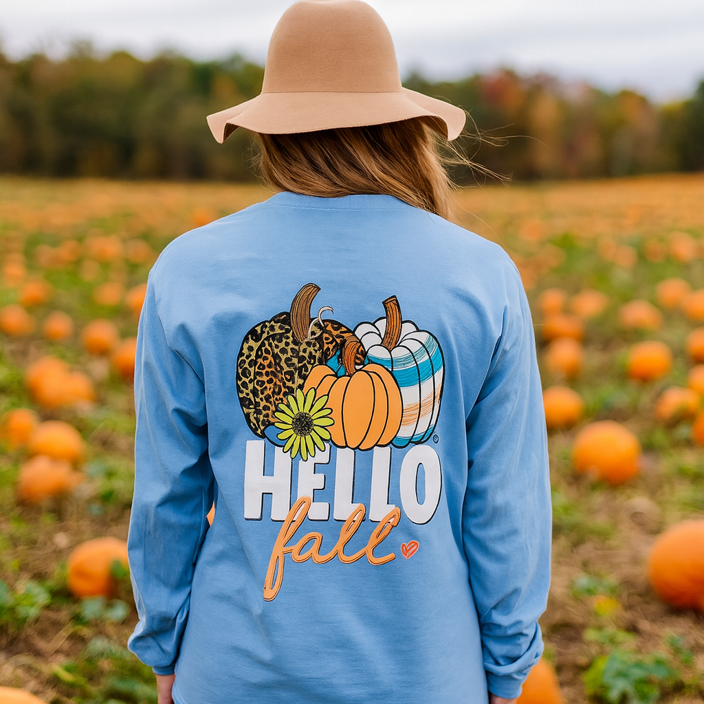 Girlie Girl Originals Hello Fall Pattern Pumpkin Long Sleeves T Shirt