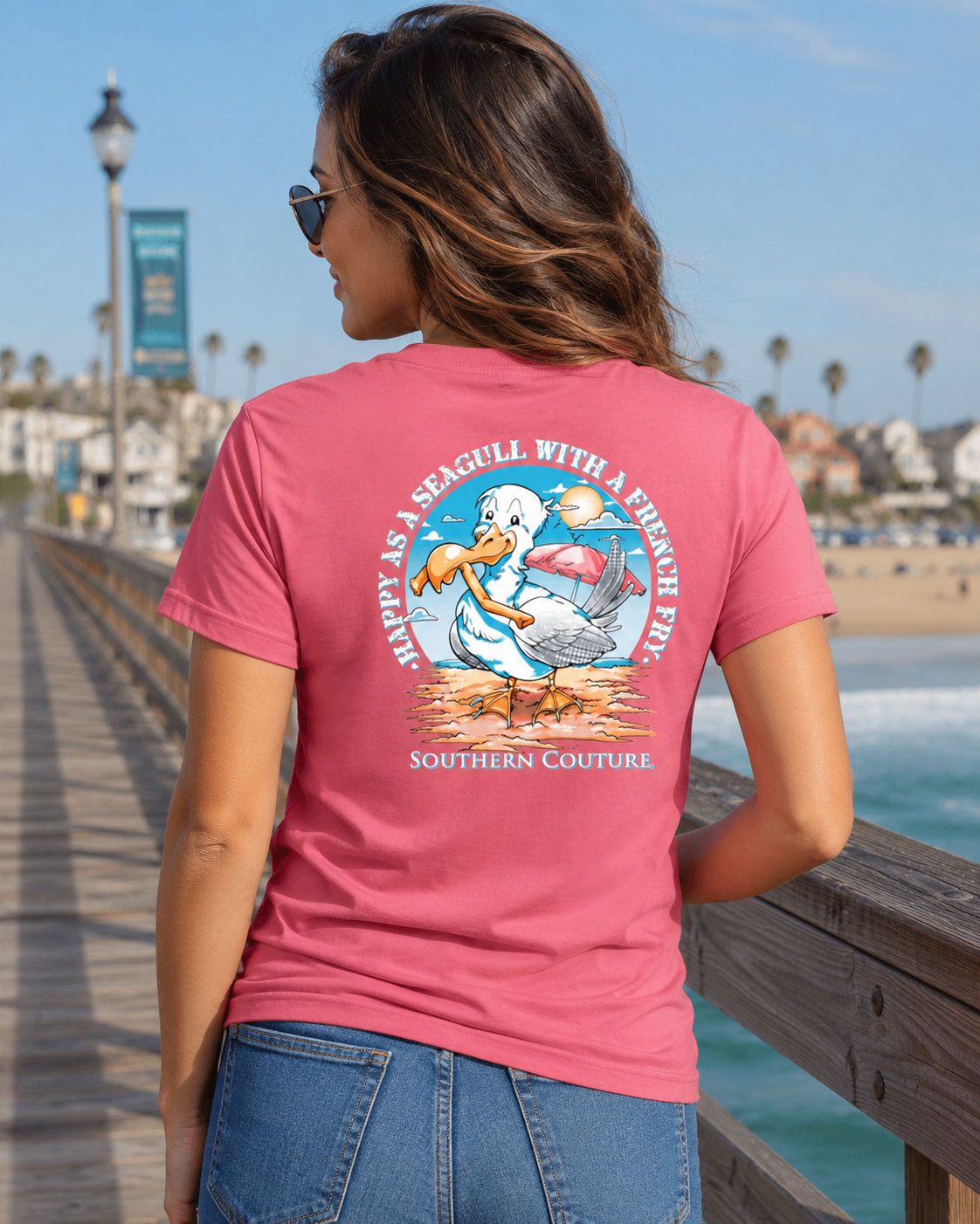 Southern Couture Classic Happy As A Seagull Coral Silk T-Shirt