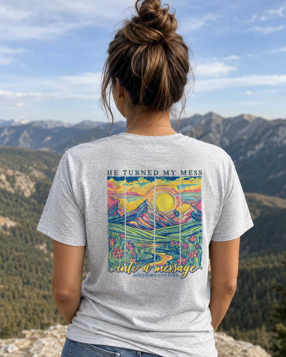 Southern Couture Classic He Turned My Mess Ash Grey T-Shirt