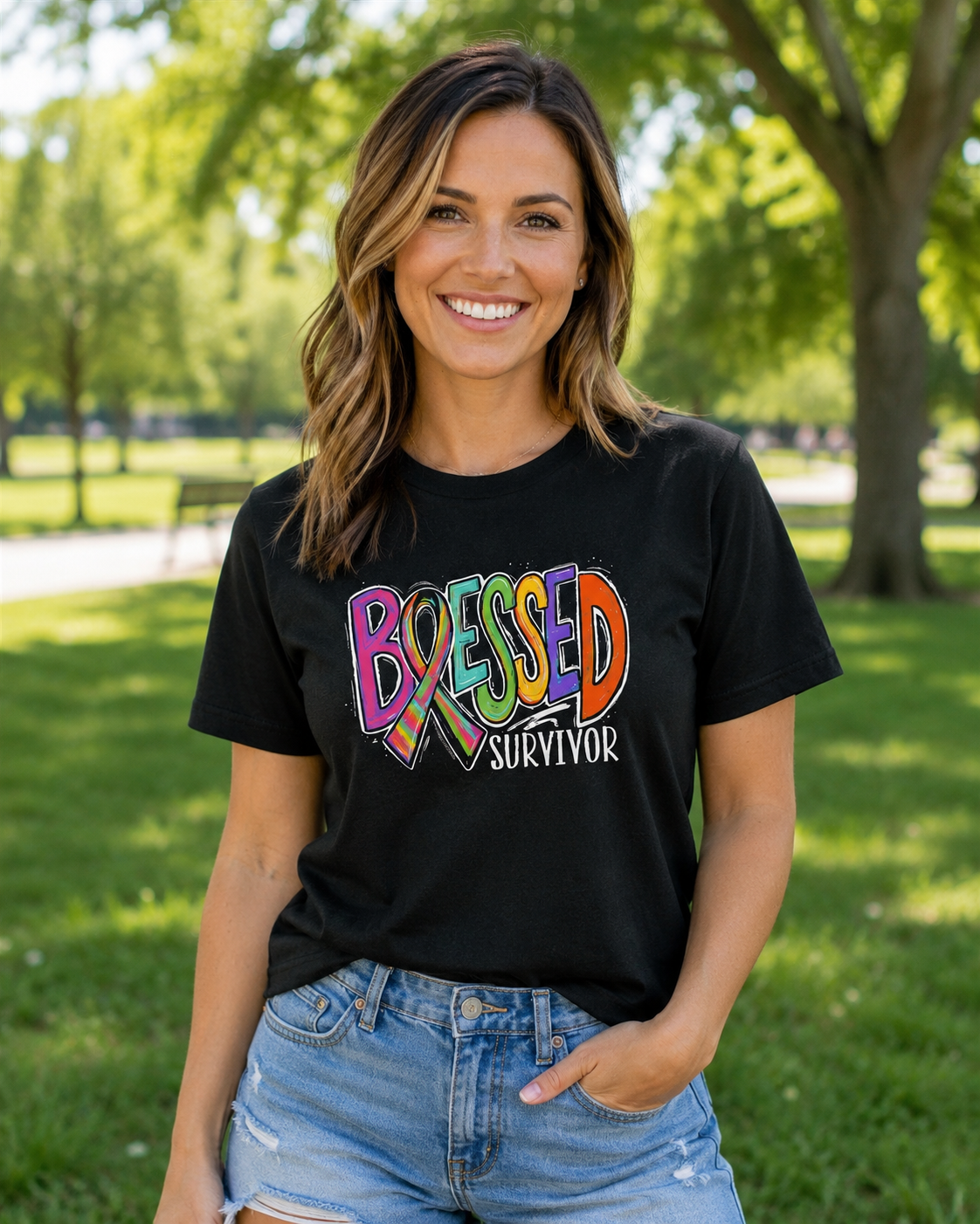 Southern Couture Soft Blessed Cancer Survivor Black T-Shirt