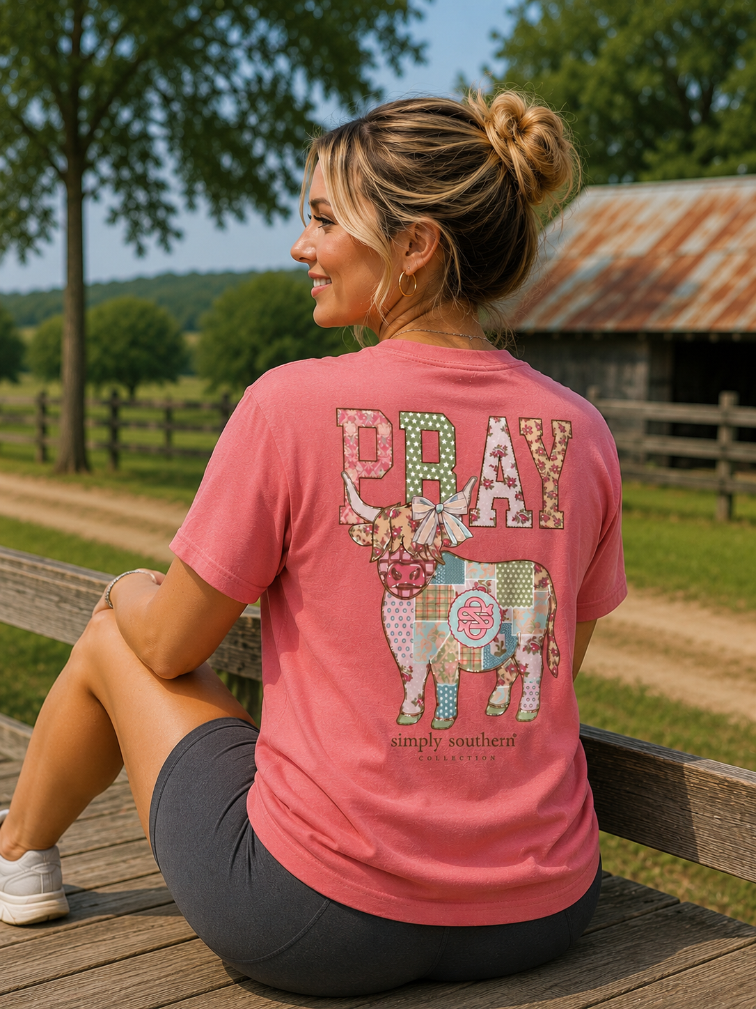 Simply Southern Pray Highland Cow Tearose T-Shirt