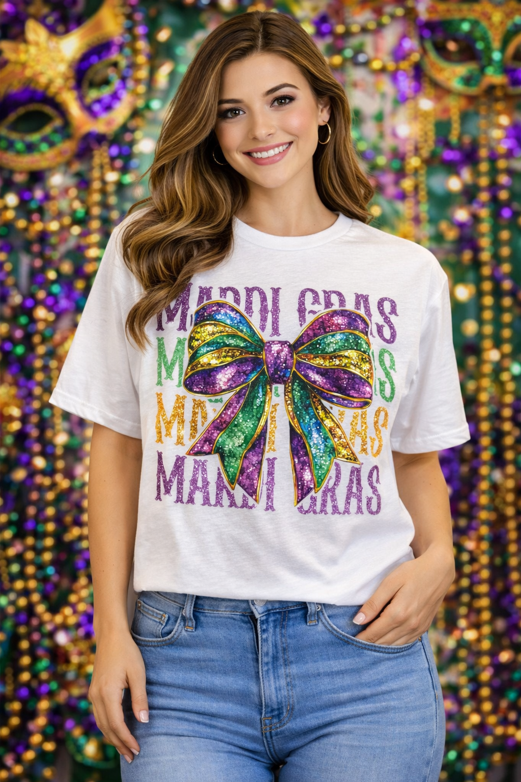 Southern Chics Mardi Gras Bow Canvas T-Shirt - SimplyCuteTees
