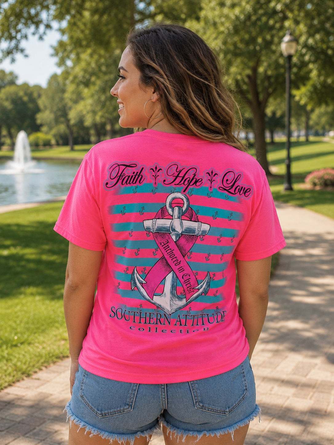 Southern Attitude Faith Hope Anchor Breast Cancer Pink T-Shirt