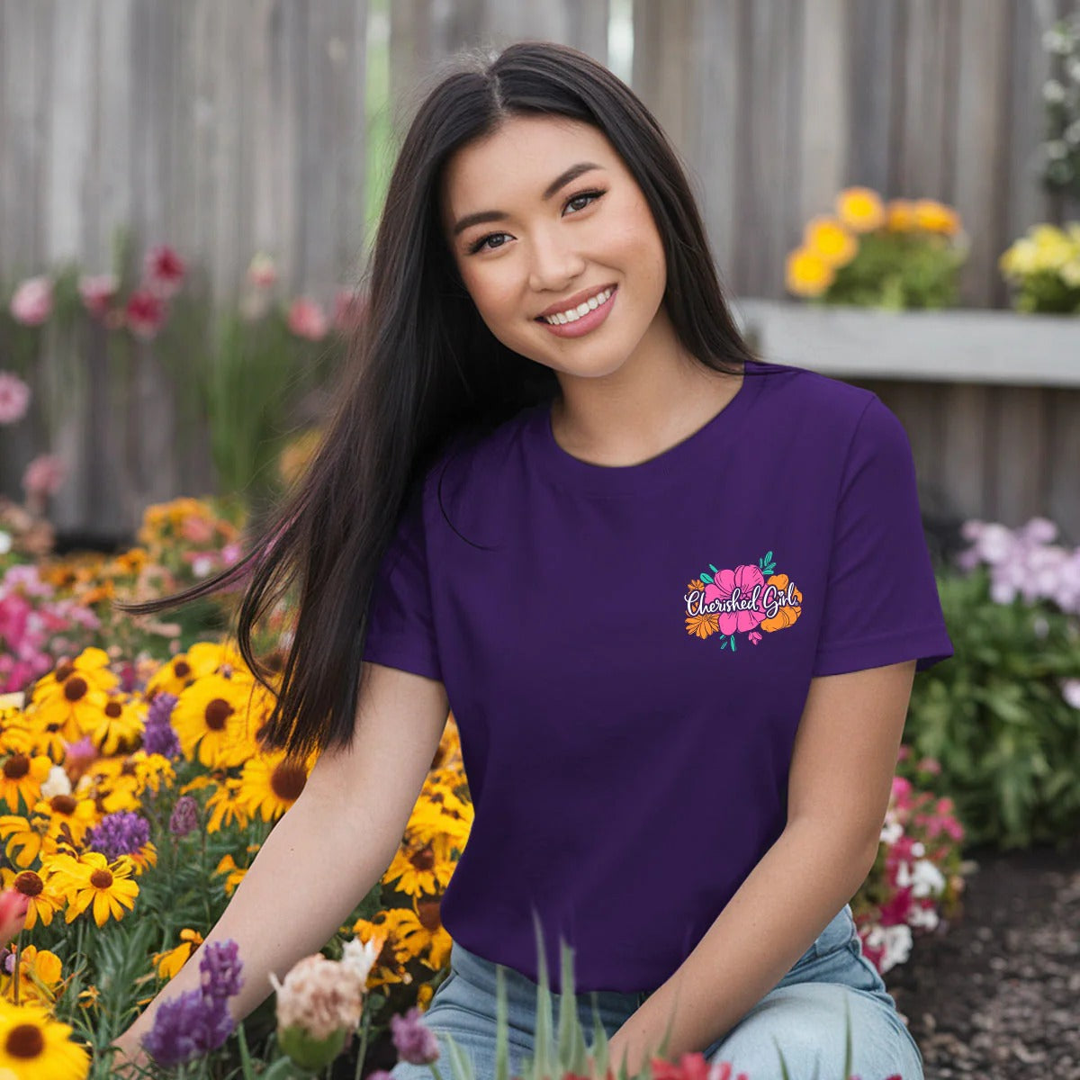 Cherished Girl Floral Cross Faith T-Shirt - SimplyCuteTees