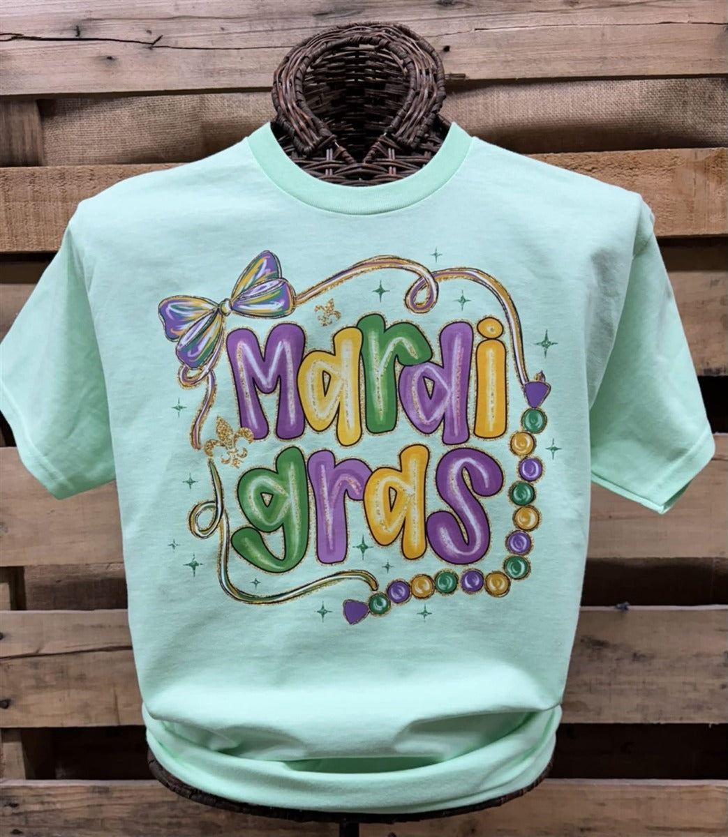 Southern Chics Mardi Gras Bow &amp; Beads Canvas T-Shirt - SimplyCuteTees