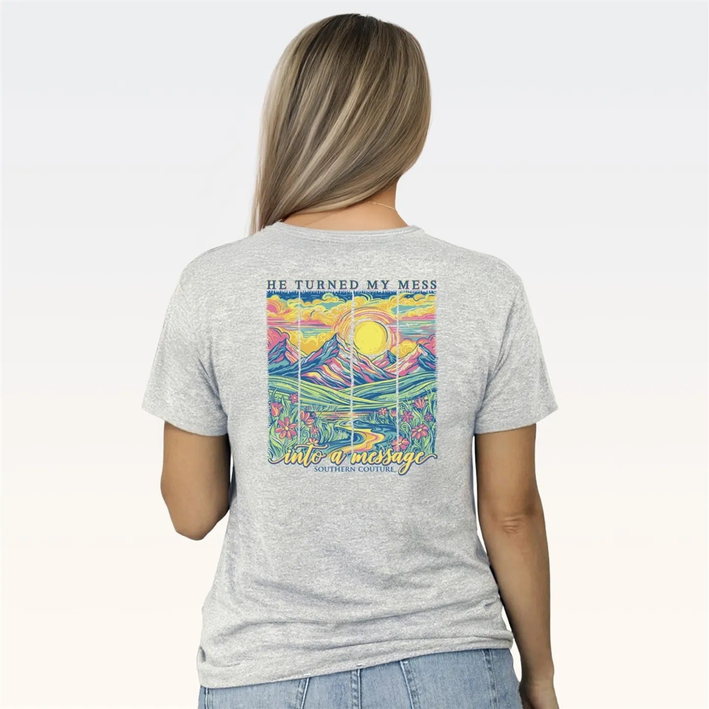 Southern Couture Classic He Turned My Mess Ash Grey T-Shirt