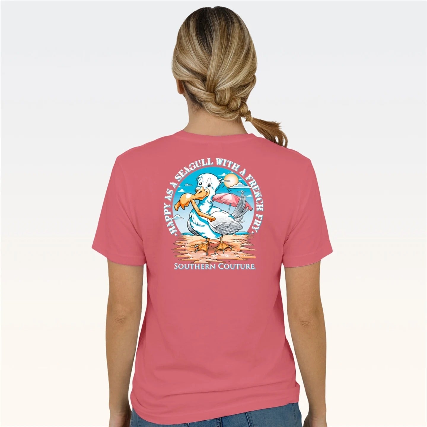 Southern Couture Classic Happy As A Seagull Coral Silk T-Shirt