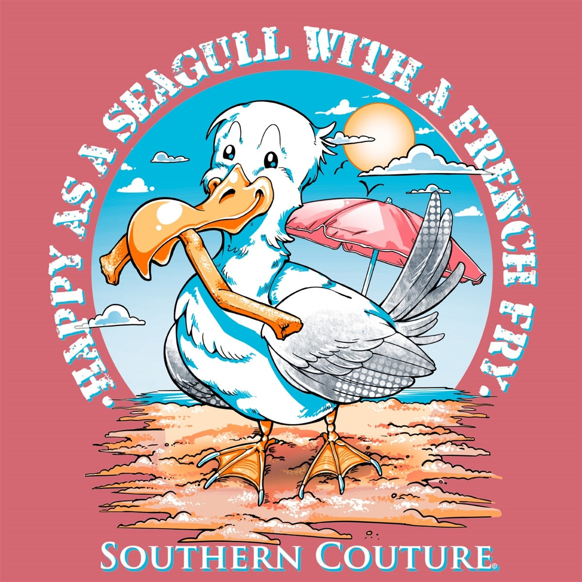 Southern Couture Classic Happy As A Seagull Coral Silk T-Shirt