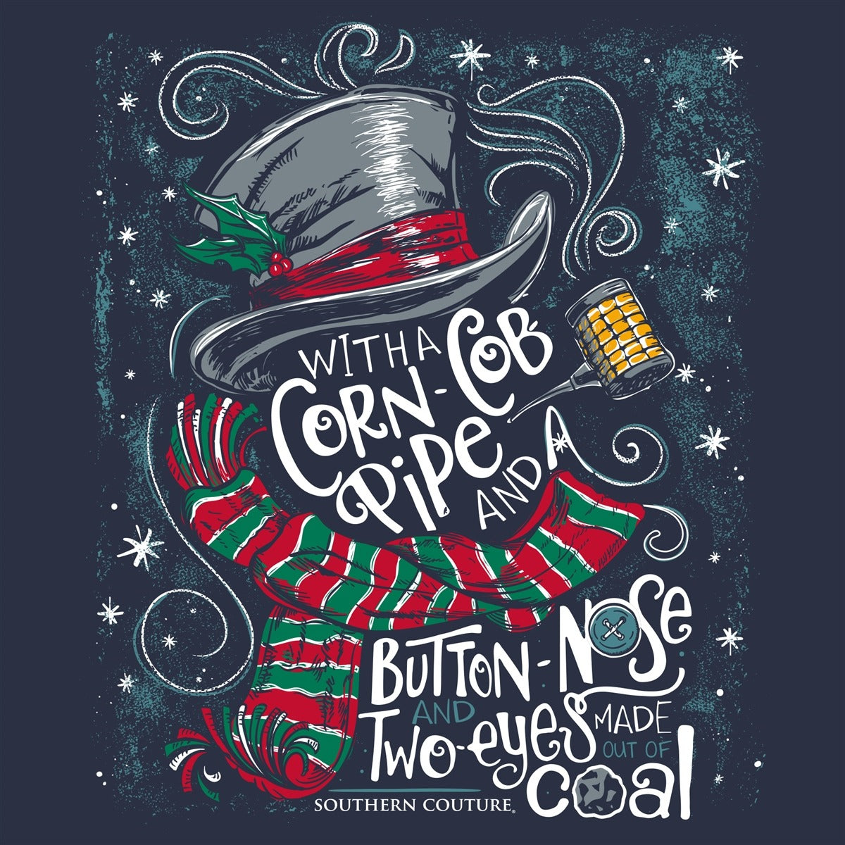 Southern Couture Classic Corn Cobb Pipe Snowman Holiday T-Shirt - SimplyCuteTees