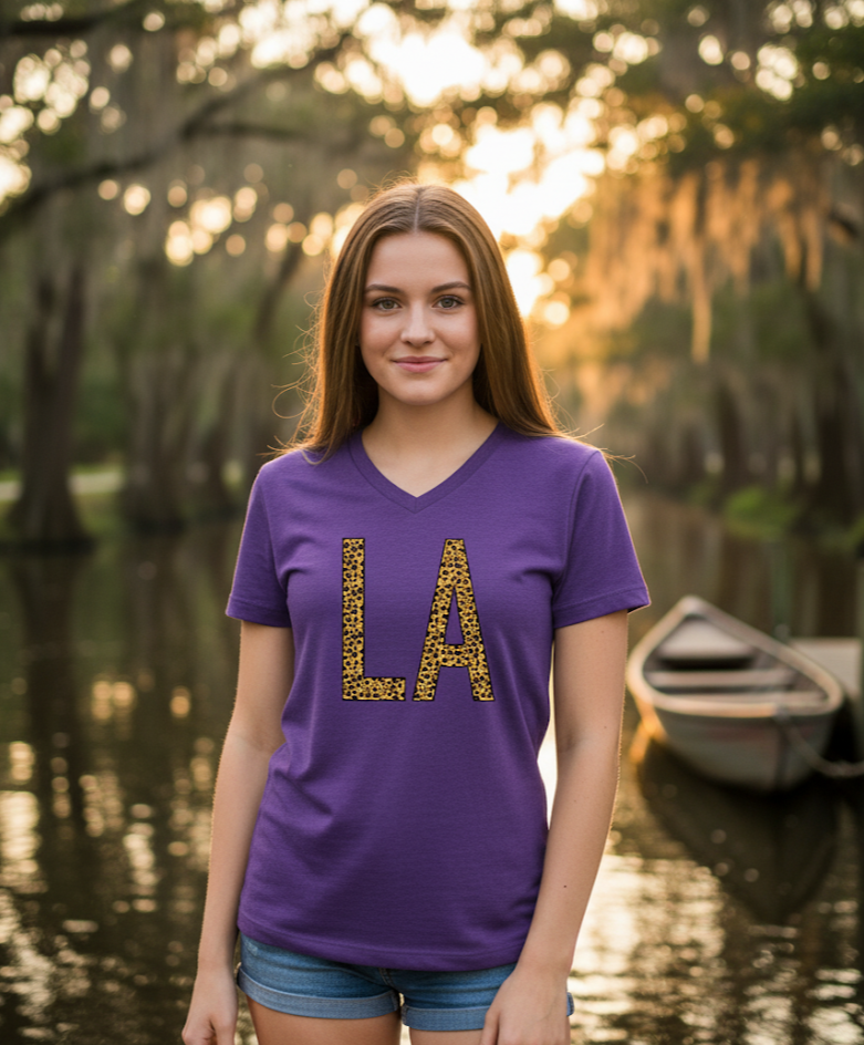 SALE Sassy Frass Louisiana State LA Leopard V-Neck Canvas Girlie Bright T Shirt - SimplyCuteTees