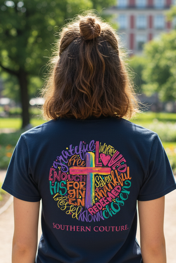 Southern Couture Classic Brushstroke Cross Circle T-Shirt - SimplyCuteTees