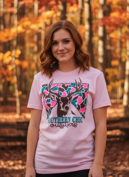Southern Chics Pink Camo Deer Comfort Colors T-Shirt - SimplyCuteTees