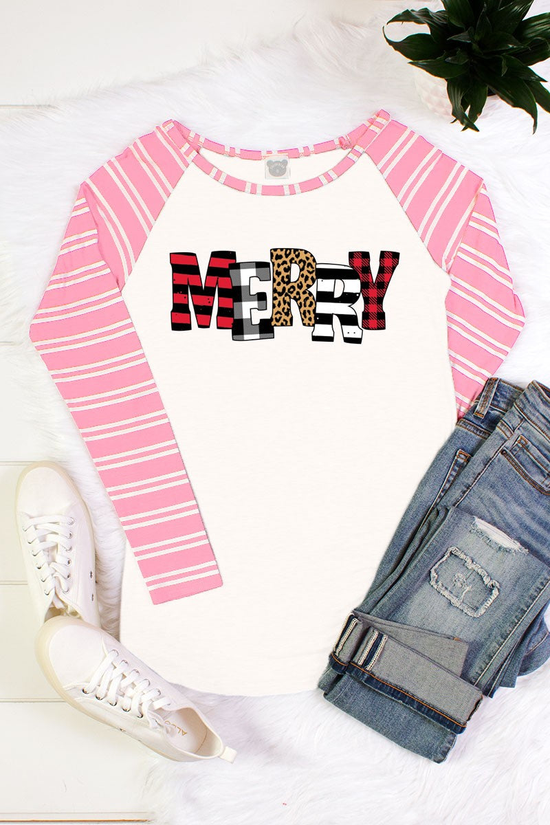 Merry Christmas Plaid Leopard Raglan Pink Striped Sleeve Long Sleeve Shirt - SimplyCuteTees