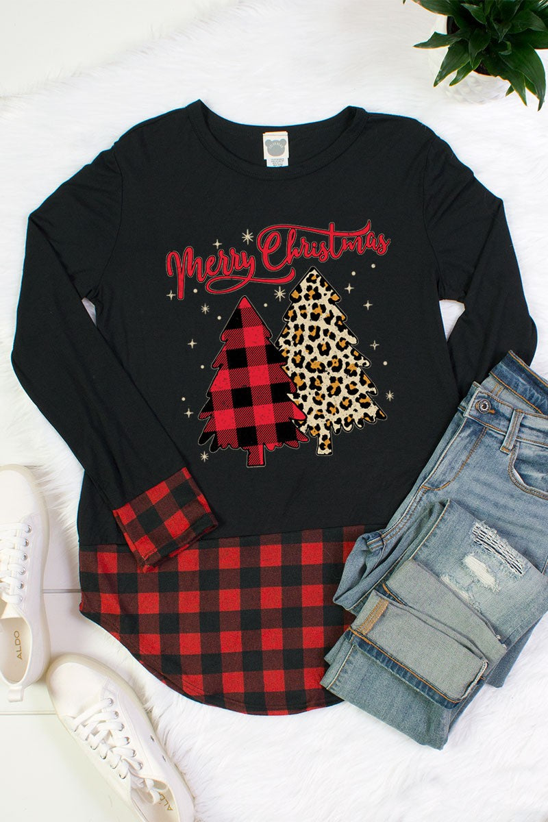 Merry Christmas Plaid Leopard Tree Plaid Hem &amp; Cuff Long Sleeve Shirt - SimplyCuteTees