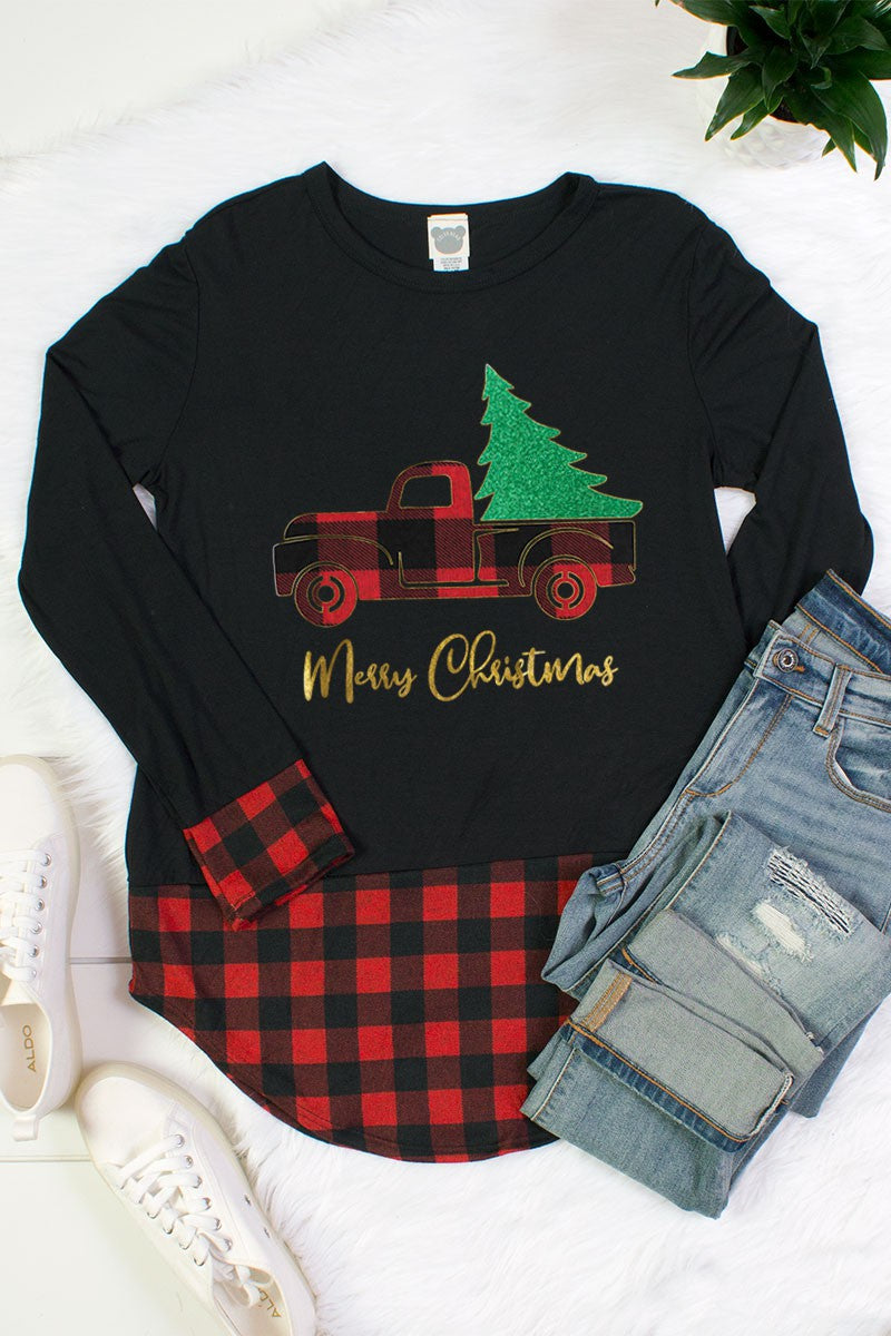 Christmas Truck Glitter Tree Plaid Hem &amp; Cuff Long Sleeve Shirt - SimplyCuteTees