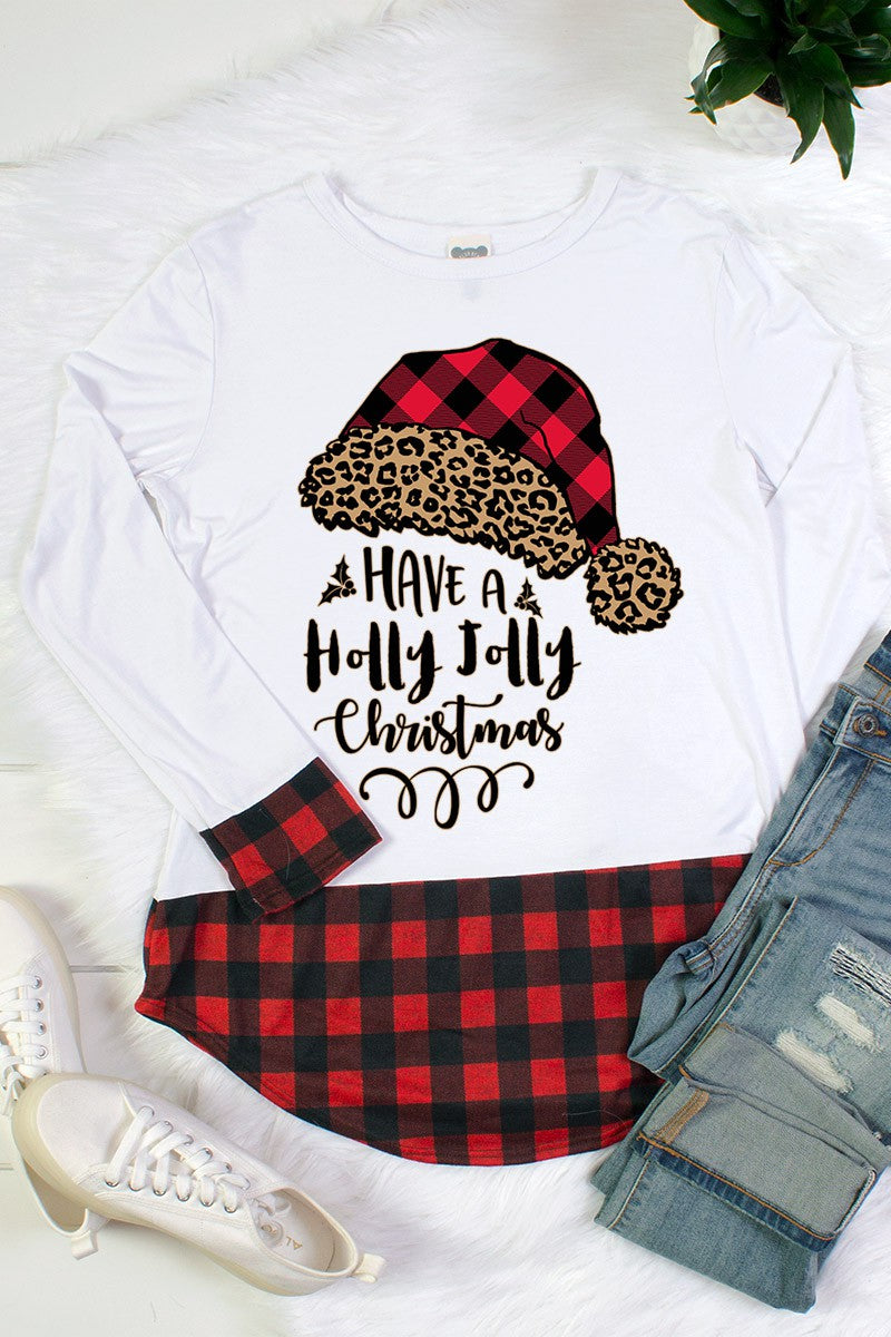 Have a Holly Jolly Christmas Plaid Leopard  Santa Hat Plaid Hem &amp; Cuff Long Sleeve Shirt - SimplyCuteTees