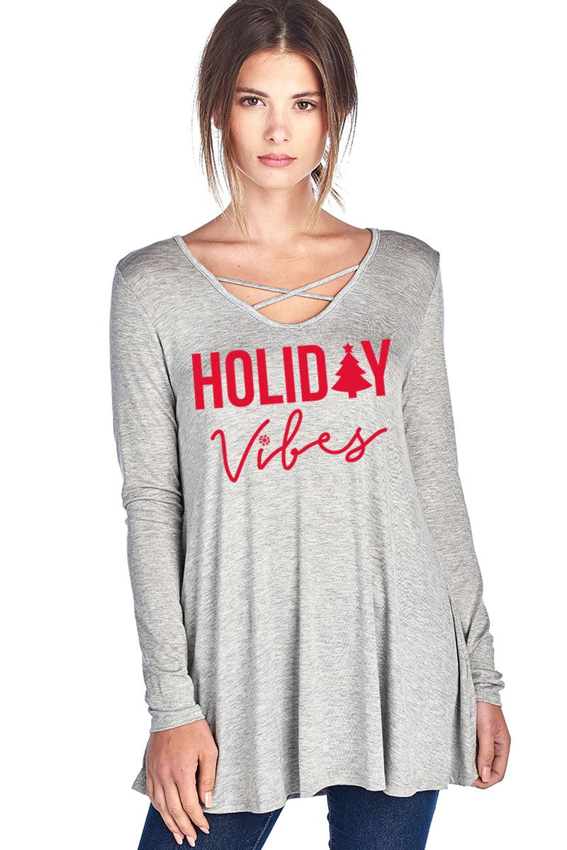 Holiday Vibes Christmas Criss Cross Long Sleeve Shirt - SimplyCuteTees