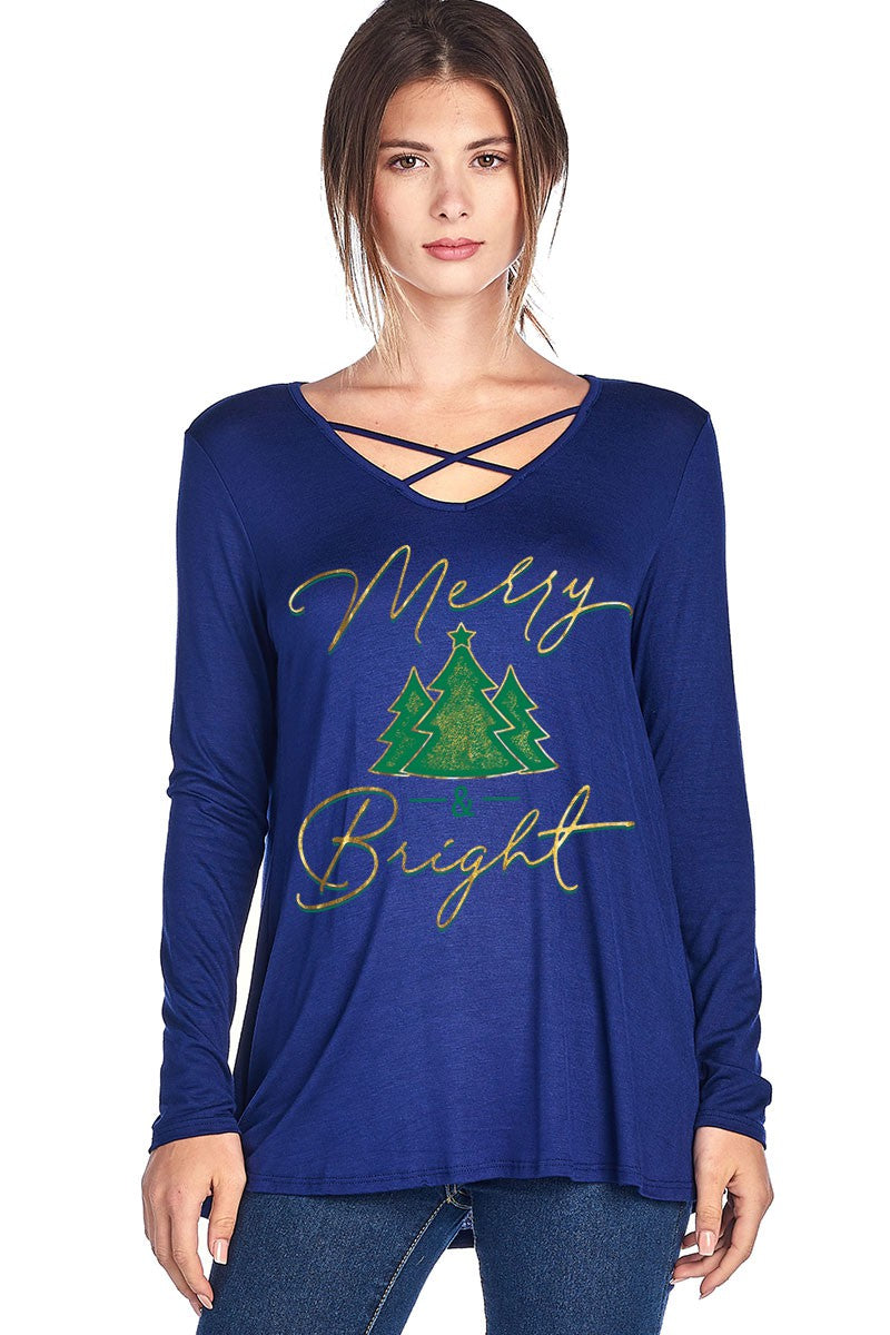 Merry & Bright Christmas Tree Criss Cross Long Sleeve Shirt - SimplyCuteTees