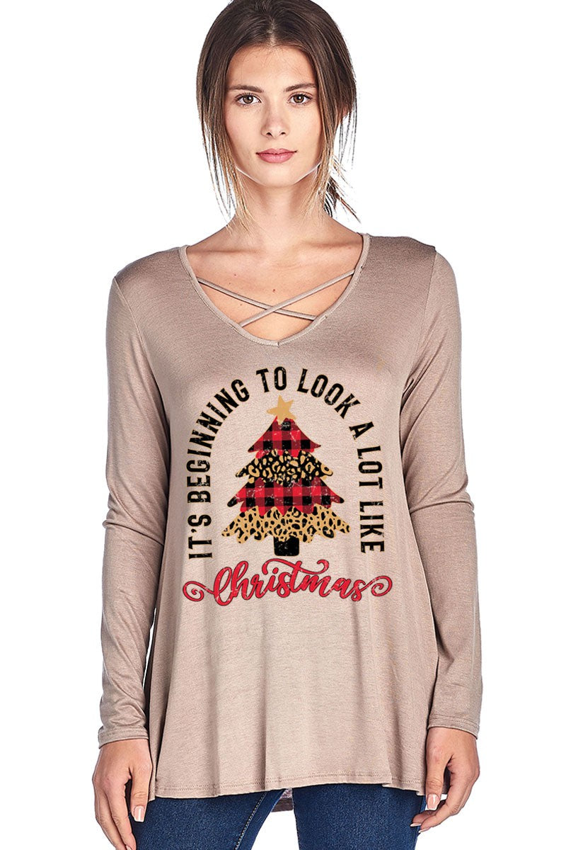 It's Beginning to look a lot like Christmas Tree Criss Cross Long Sleeve Shirt - SimplyCuteTees