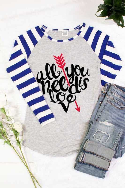 SALE All You Need is Love Valentines Day Arrow Striped Raglan Long Sleeve Shirt - SimplyCuteTees