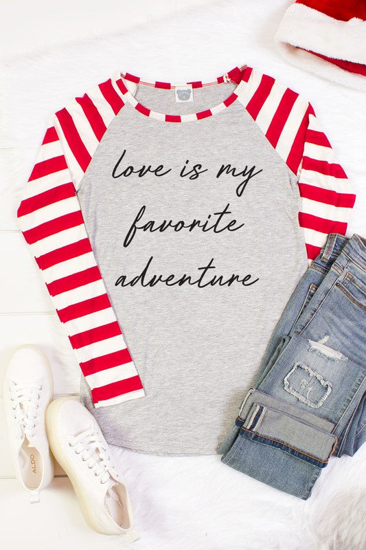 Love is My Favorite Adventure Valentines Day Striped Raglan Long Sleeve Shirt - SimplyCuteTees