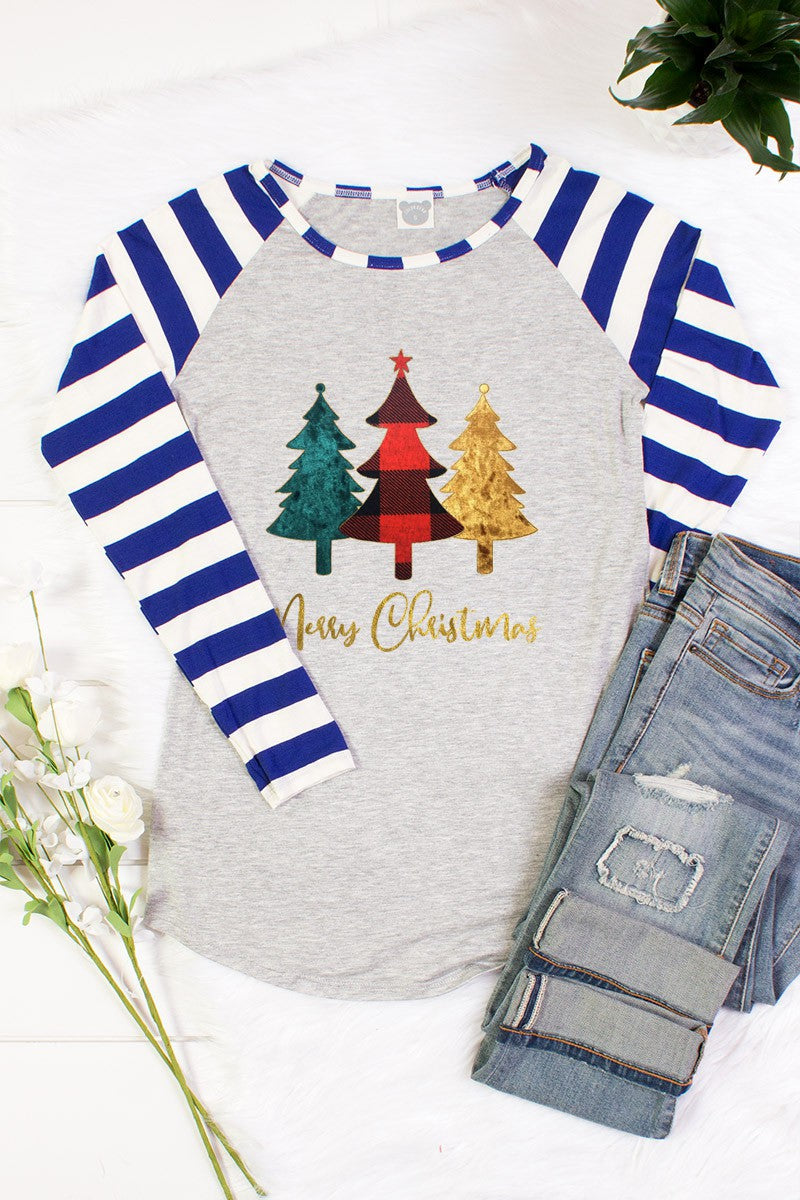 SALE Merry Christmas Trees Striped Sleeve Raglan Long Sleeve T-Shirt - SimplyCuteTees