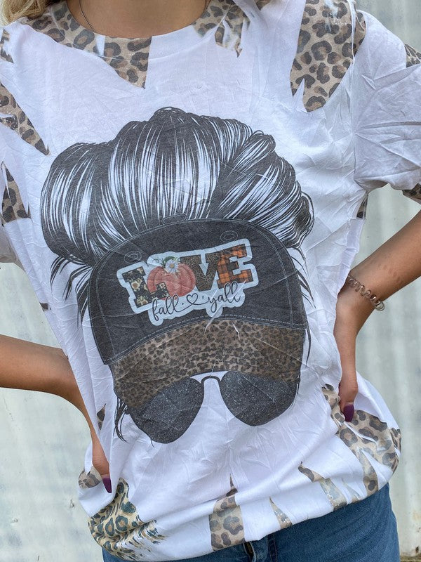 Love Fall Y'all Messy Bun Leopard Canvas Girlie T Shirt
