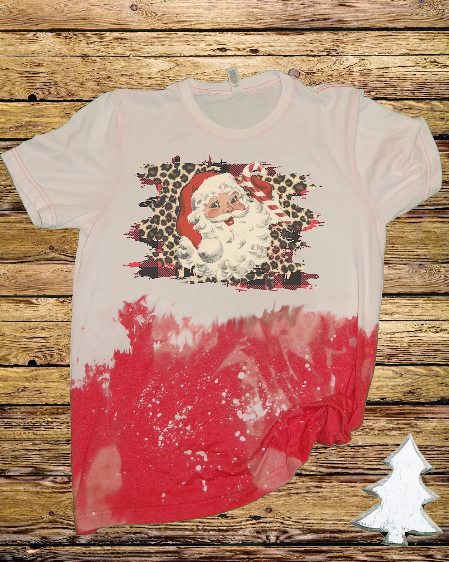 Leopard Santa Christmas Bleached Dye Canvas Girlie T Shirt - SimplyCuteTees