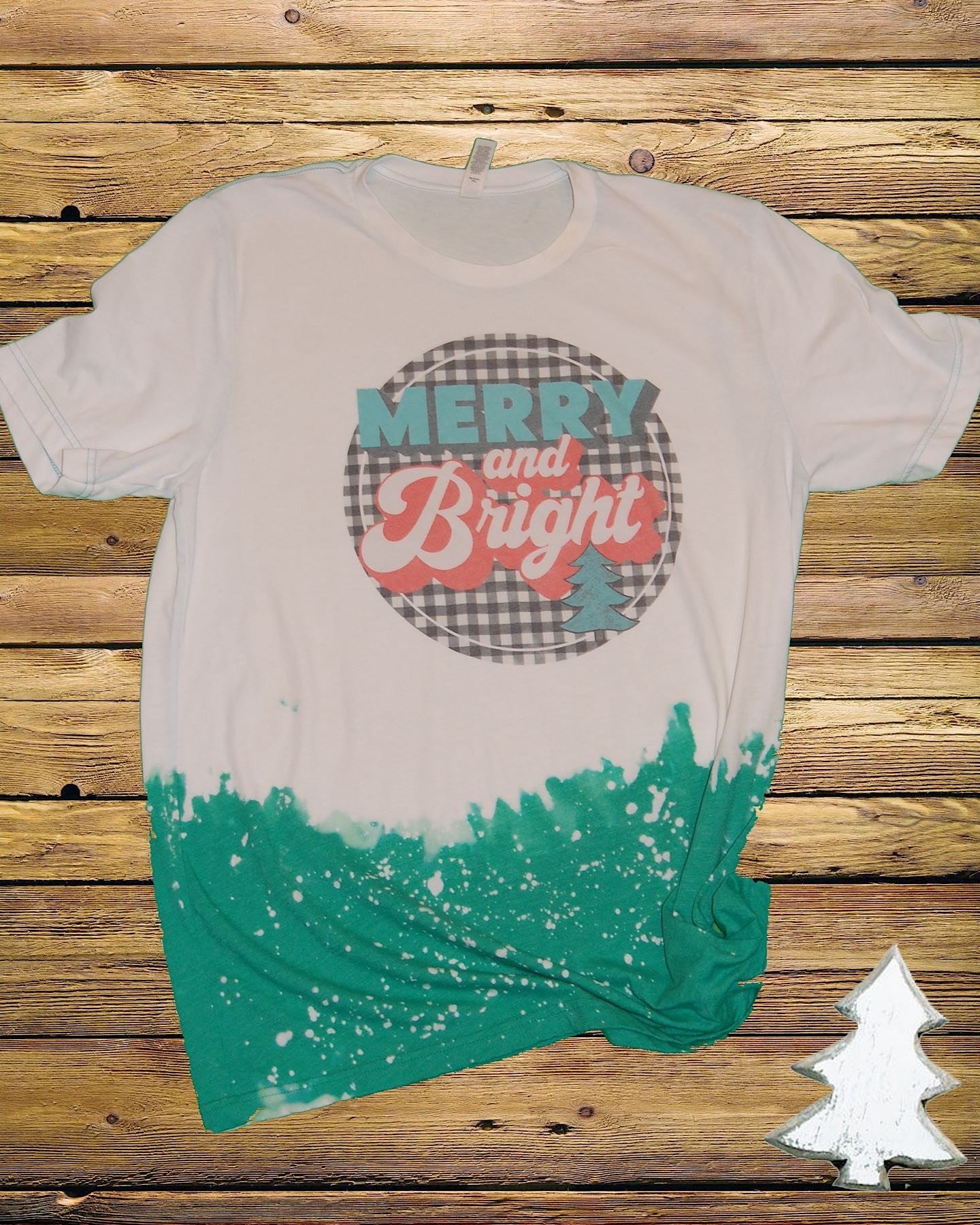 Merry &amp; Bright Christmas Bleached Dye Canvas Girlie T Shirt - SimplyCuteTees