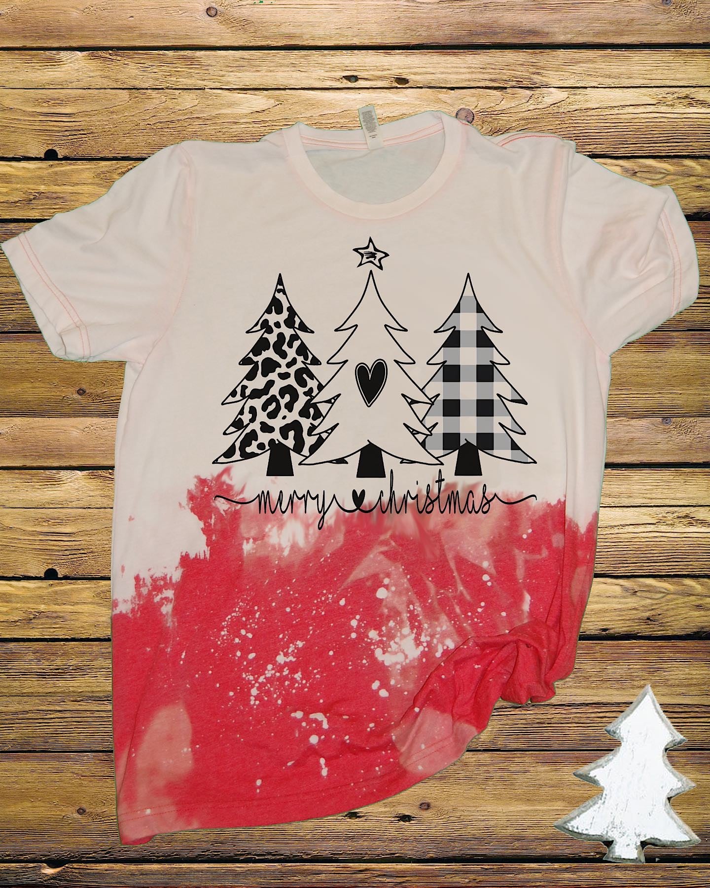 Merry Christmas Tree Trio Leopard Plaid Bleached Dye Canvas Girlie T Shirt - SimplyCuteTees