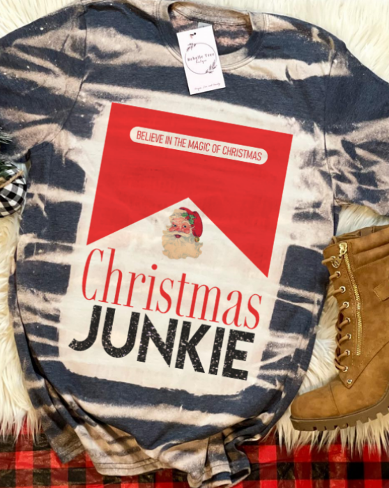 Christmas Junkie Bleached Dye Canvas Girlie T Shirt - SimplyCuteTees