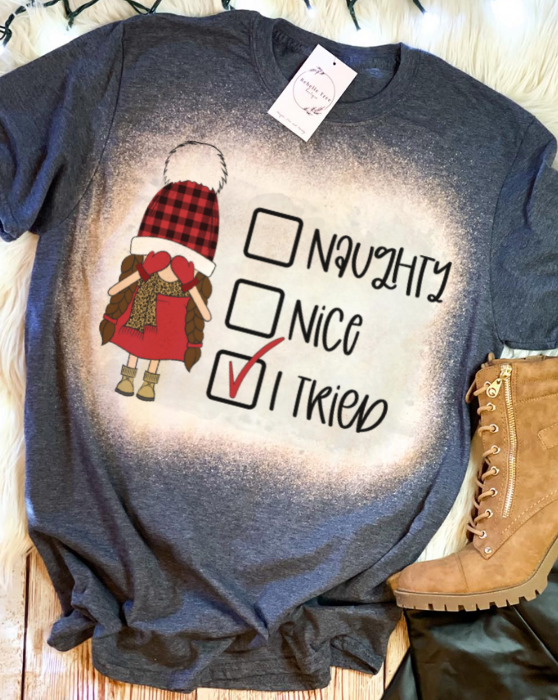 Naughty Nice I Tried Checklist Christmas Bleached Dye Canvas Girlie T Shirt - SimplyCuteTees