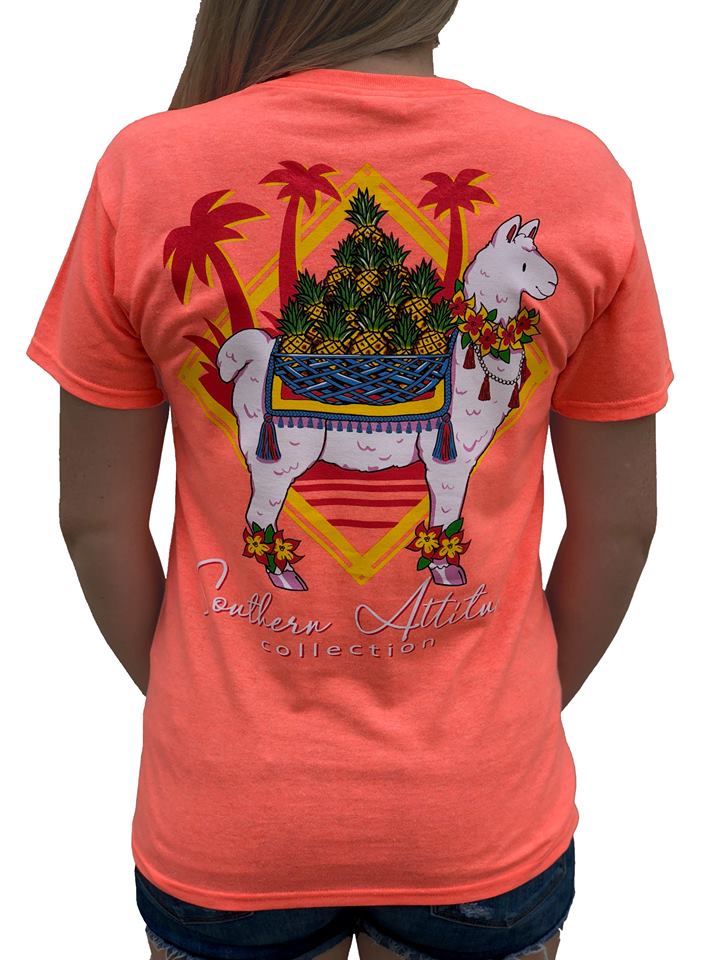 Sale Southern Attitude Coral Preppy Pineapple Llama T-Shirt