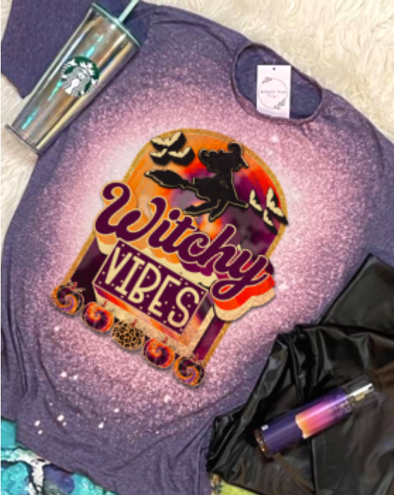 Witchy Vibes Halloween Fall Bleached Dye Canvas Girlie T Shirt - SimplyCuteTees