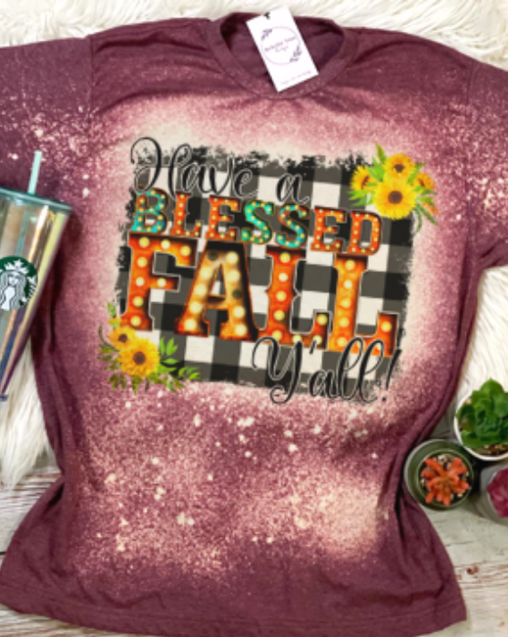 Have a Blessed Fall Y'all Bleached Dye Canvas Girlie T Shirt - SimplyCuteTees