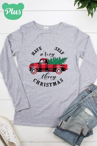 Have Yourself a Merry Little Christmas Plaid Truck Cut Out Long Sleeve T Shirt - SimplyCuteTees