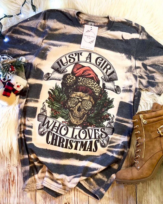 Just a Girl Who Loves Christmas Skull Leopard Bleached Dye Canvas Girlie T Shirt - SimplyCuteTees