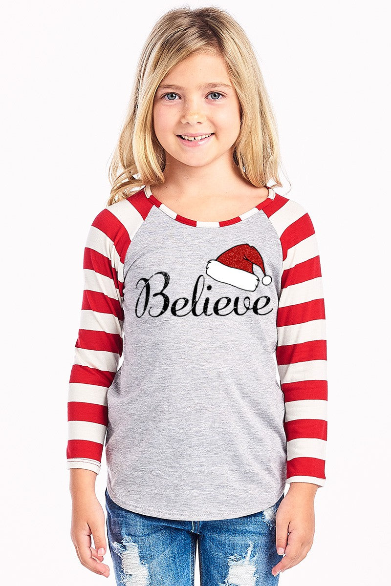 SALE Youth Believe Santa Hat Christmas Striped Sleeve Raglan Long Sleeve Shirt - SimplyCuteTees