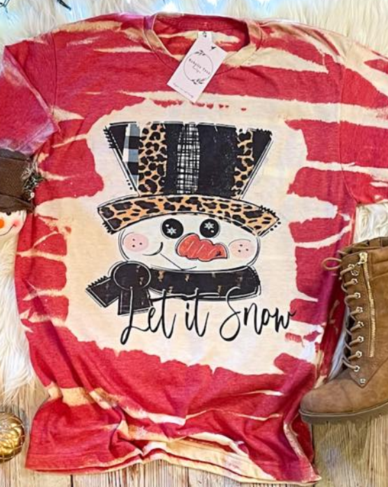Snowman Let it Snow Leopard Plaid Bleached Dye Canvas Girlie T Shirt - SimplyCuteTees