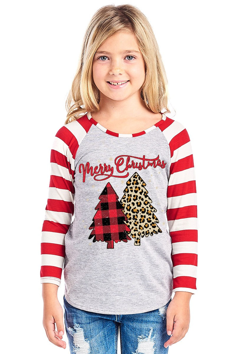 SALE Youth Merry Christmas Tree Leopard Plaid Striped Sleeve Raglan Long Sleeve Shirt - SimplyCuteTees