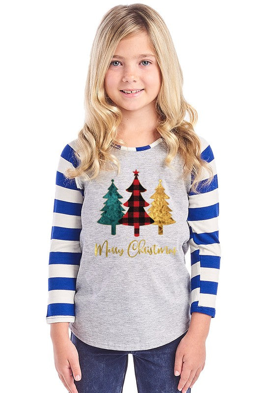 SALE Youth Merry Christmas Tree Plaid Striped Sleeve Raglan Long Sleeve Shirt - SimplyCuteTees