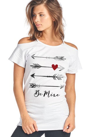 SALE Be Mine Arrows Cold Shoulder Cut Out Valentines Day Short Sleeve Shirt - SimplyCuteTees
